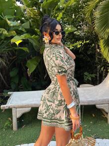 SHEIN SXY 波西米亚风单排扣系带短袖A字连衣裙，女士夏季短裙，海岛度假装，夏装，女士度假装，波西米亚风女装，女士邮轮装，女士夏威夷装，热带连衣裙，衬衫裙，伊比沙岛装 - 綠色 - 查看 2