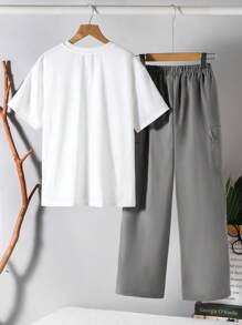 2pcs Tween Boy Casual Solid Color Round Neck Short Sleeve T-Shirt And Loose Woven Cargo Pants Set, Suitable For Commuting, School, Everyday Casual, Travel, Sports, Spring, Summer, Autumn, Winter