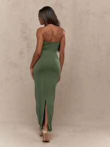 MISSGUIDED Đầm Maxi Dài Đến Sàn Không Dây Bandeau Đầm Maxi Ôm Sát Bên Hông Đầm Ôm Body Dự Tiệc Dạ Hội Khách Dự Tiệc Cưới Mùa Thu - xanh quân đội - Xem 2