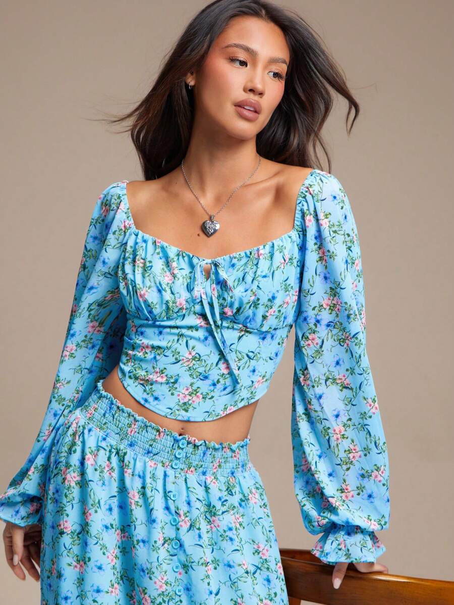 WESTFADE Áo crop top tay dài cổ tim in họa tiết mùa xuân bằng vải chiffon - Màu tím - Xem 1