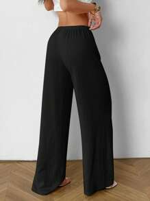 SHEIN EZwear 女士夏季新款针织纹理黑色裤子，适合度假穿着 - 黑色 - 查看 2