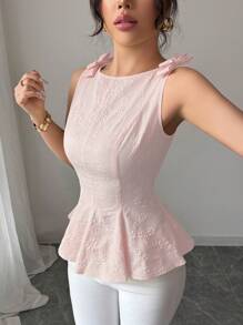 Selianne 全新女式编织纹理小花面料细肩带蝴蝶结肩部荷叶边下摆时尚百搭优雅精致女士荷叶边上衣 - 粉色 - 查看 6