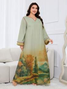 Al Najma 大码女式风景印花缺口领优雅长袖土耳其和阿拉伯风格长裙，端庄的卡夫坦 - 彩色 - 查看 4