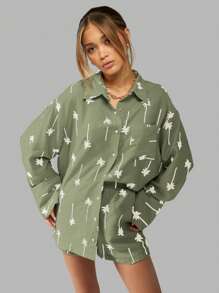 MISSGUIDED Palm Tree Print Linen Feel Style Summer Beach Resort Two Piece Set Button Down Shirt And Matching Shorts Leisure Holiday Lounge Wear Coordinated Set Christmas - Green - View 5