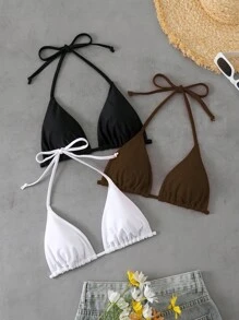 Elavelle 3 件套女式夏季纯色细肩带露背性感简约比基尼上衣泳装，波西米亚风海滩 - 彩色 - 查看 3