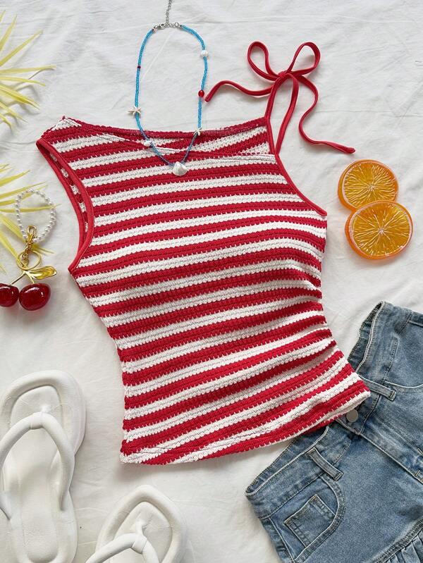 Soleia Women's Holiday Red & White Striped Knitted Asymmetrical Neck Fitted Top, Suitable For Party, Christmas, Date, Beachside, Cruise, Carnival, Summer Outfit