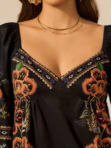 CAJUNI 女式热带花卉印花黑色灯笼袖短款休闲连衣裙 - 黑色 - 查看 5