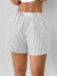 SHEIN EZwear Pantalones cortos casuales de mujer a rayas grises y blancas, para verano