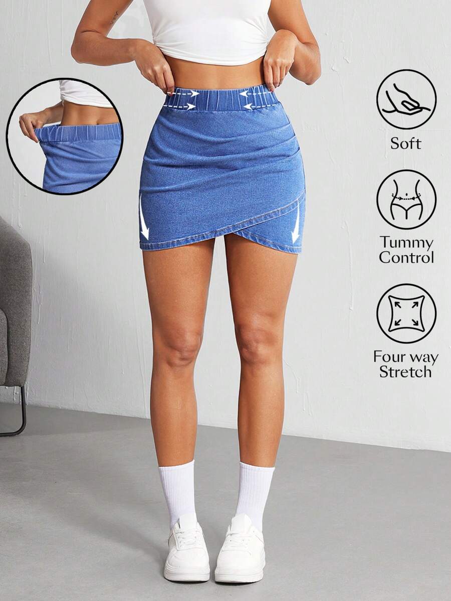 Flexra Women Elastic Waist Wrap Hem Bodycon Denim Mini Skirt - Blue - View 1