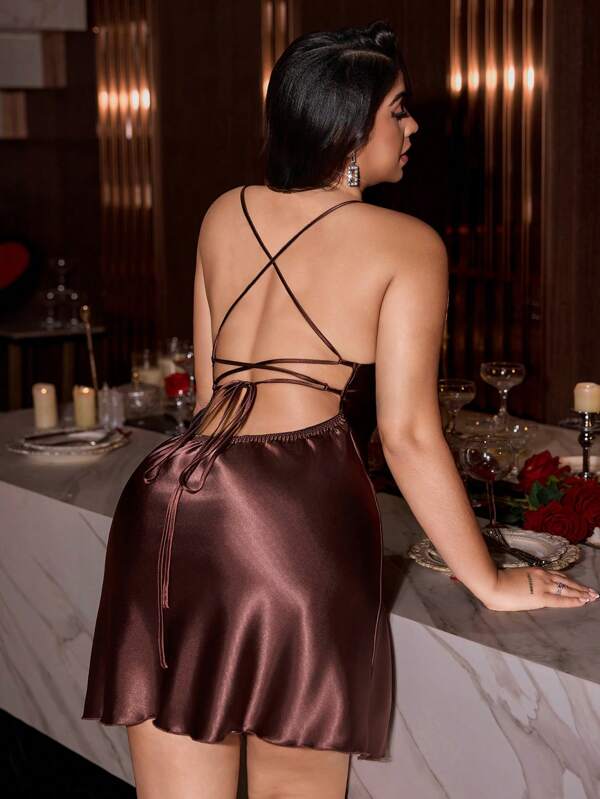 SilkySpell Women's Sexy Tie-Up Slip Dress, Fashion Deep V Elegant Satin Plus Size Coffee Mini Skirt Luxeloungewear