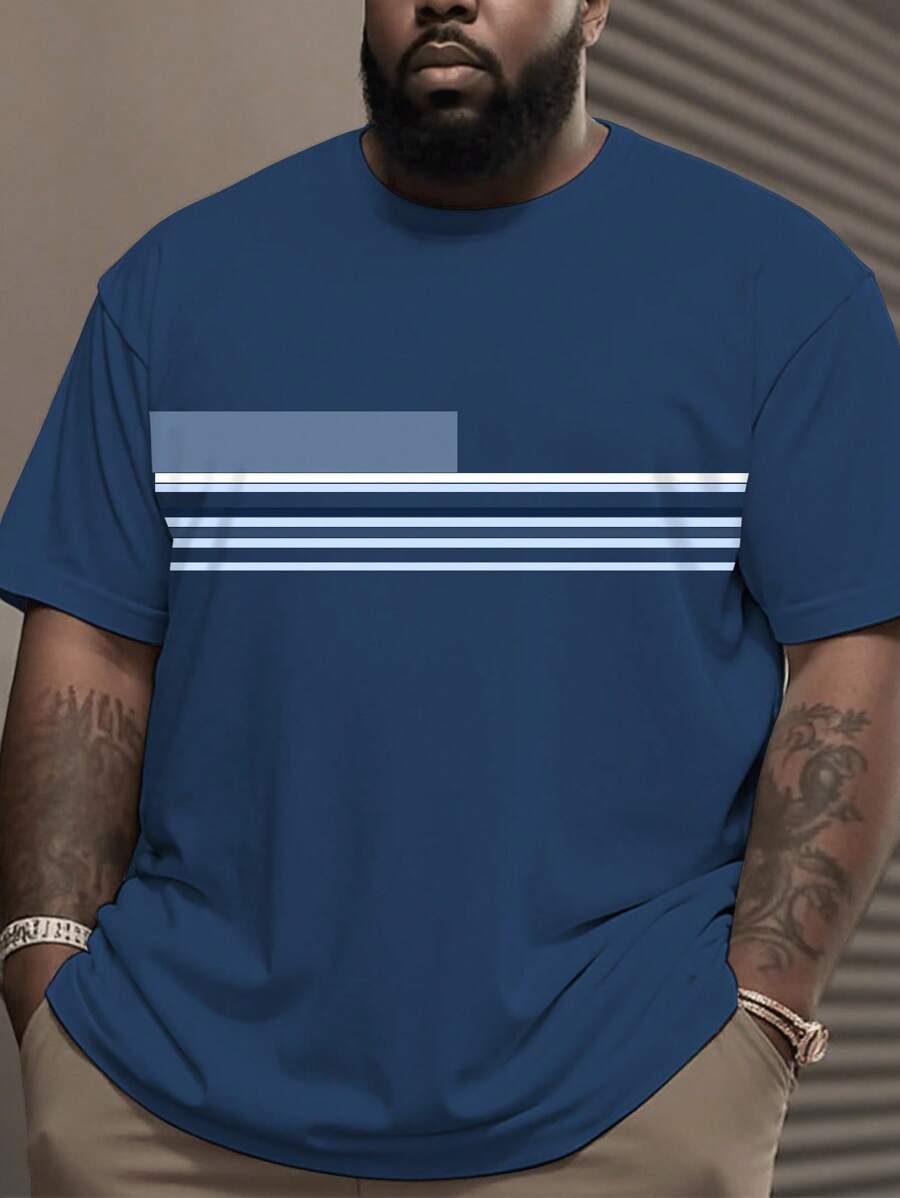Manfinity Homme Plus Size Men's Striped Crew Neck Short Sleeve Casual T-Shirt, Summer - Multicolor - View 1