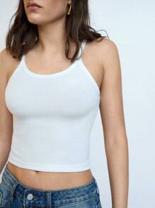 Maija 2025 年夏季新款女式 U 领露背性感蕾丝拼接细罗纹针织可调节肩带背心，优雅通勤、日常、浪漫、休闲、海滩、派对、婚礼嘉宾、音乐节、独立日、毕业典礼、可爱衬衫 - 白色 - 查看 6