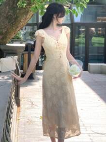 DAZY Lace V-Neck Tie Front Mid-Length Dress For Women Maxi Dress Vacation Outfits Women - Beige - View 3