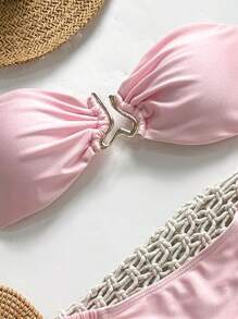 Swim Vcay Summer 2 Pieces Women Bandeau Top & Tie Waist Bottoms Pink Bikini Set With Metal Accent - Pink - View 3