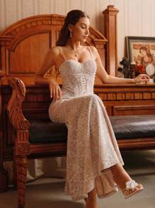 SHEIN Unity Váy dài ren đuôi cá thanh lịch cho nữ, phong cách nghỉ dưỡng giản dị kiểu Pháp - Màu be - Xem 1