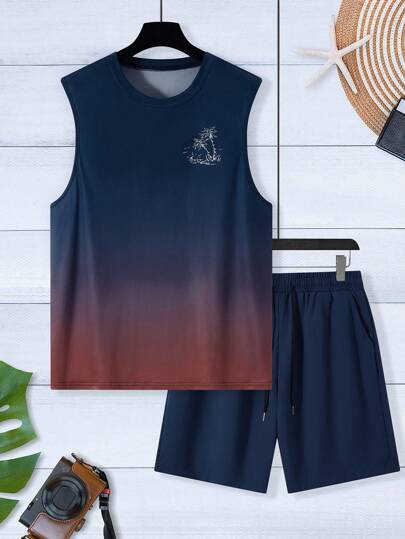 Manfinity RSRT Men's Palm Tree Print Gradient Color Tank Top And Shorts Set