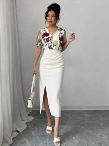 Breezaya Lace Mesh Patchwork Rose Slit Casual Commute Vacation Chiffon Dress For Women, Spring/Summer - Multicolor - View 4