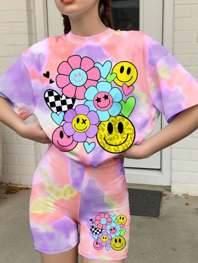 SHEIN Leap Crew Nastolatki Dziewczęta Luźny Krótki Rękaw T-shirt I Legginsy 2 Częściowy Zestaw, Odpowiedni Na Lato