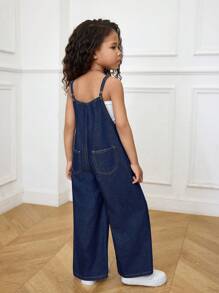 SHEIN 年轻女孩深蓝色牛仔连体裤 - 深色水洗藍 - 查看 3