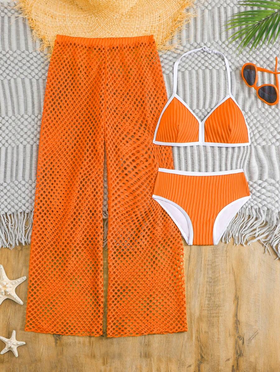 SHEIN Tween Girls 3pcs Bikini Set, Summer Beach - Orange - View 1