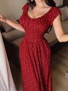 DAZY Vestido largo de punto estilo maxi con espalda descubierta y estampado floral pequeño, cinturón de cintura, vestido de pijama estilo vacaciones para mujer, color rojo, para el Día de San Valentín - Rojo - Ver 4