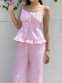 SHEIN Leap Crew Teen Girls 2pcs/Set Casual Minimalist Comfortable Ruffle Hem Camisole And Shorts Set - Pink - View 6