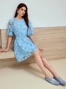 MOTF STUDIO GUIPURE LACE KNOT MINI DRESS - Blue - View 5