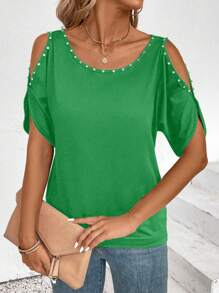 EMERY ROSE Camiseta holgada de cuello redondo con mangas huecas, decoración de rhinestone y unicolor minimalista - Verde - Ver 6