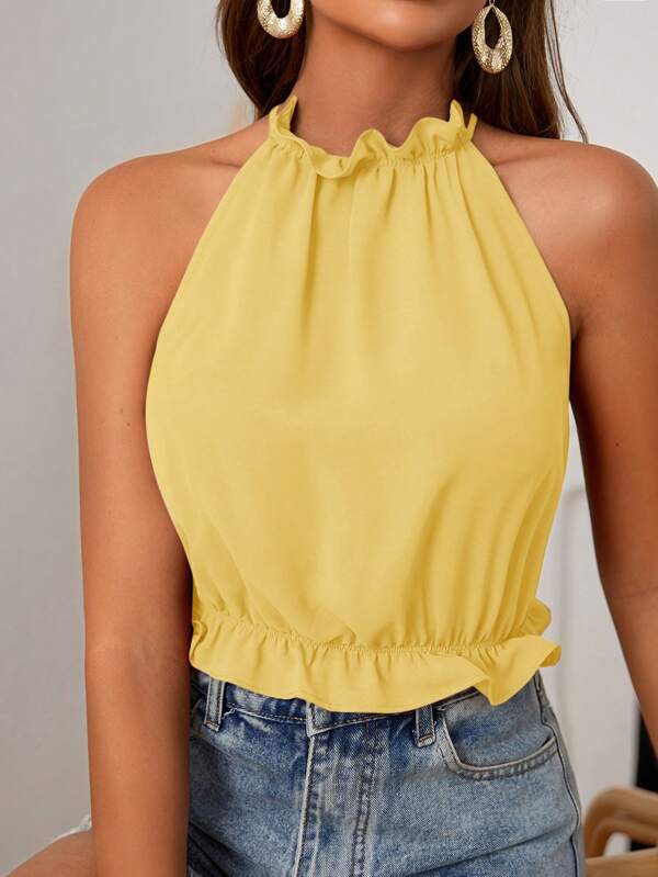 SHEIN Frenchy Women's Solid Color Frill Trim Cold Shoulder Tank Yellow Top, Summer