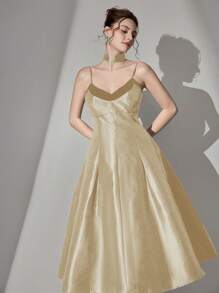 Poshira Spaghetti Strap A-Line Two Pieces Fake Collar Mini Dress, Party Dress, Prom Dress - Champagne - View 6