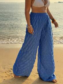 Flirla Pantalon ample à jambe droite en tissu texturé avec taille élastique, grande taille - Bleu azur - Voir 1