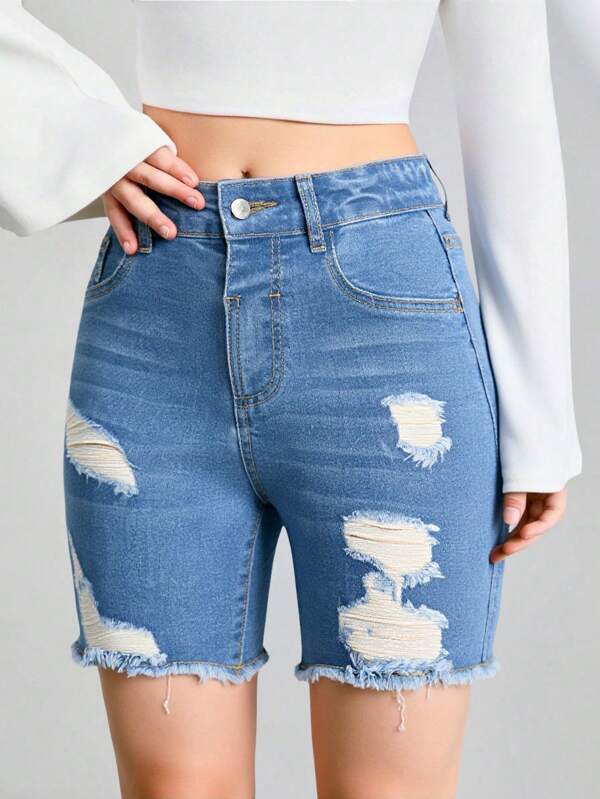Pantaloni scurți casual, drepți, din denim spălat, albastru, cu tiv zdrențuit, pentru fete pre-adolescenți