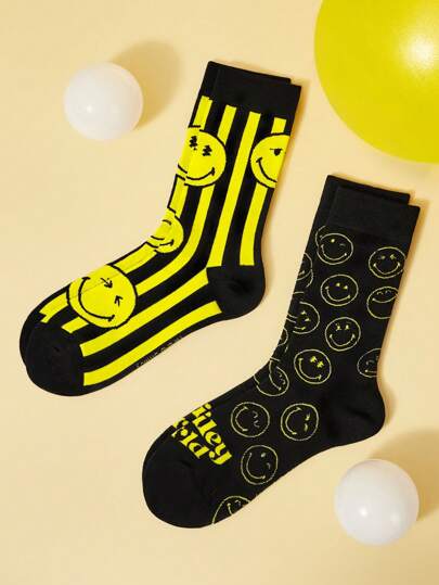 SmileyWorld® | SHEIN 2 Pairs Breathable Soft Striped Cartoon Graphic Mid-Calf Socks, Reinforced Toe And Heel, Suitable For All Seasons, Unisex