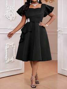 Fleurora Plus Size Elegant Solid Color Rhinestone Embellished Ruffle Hem Midi Dress