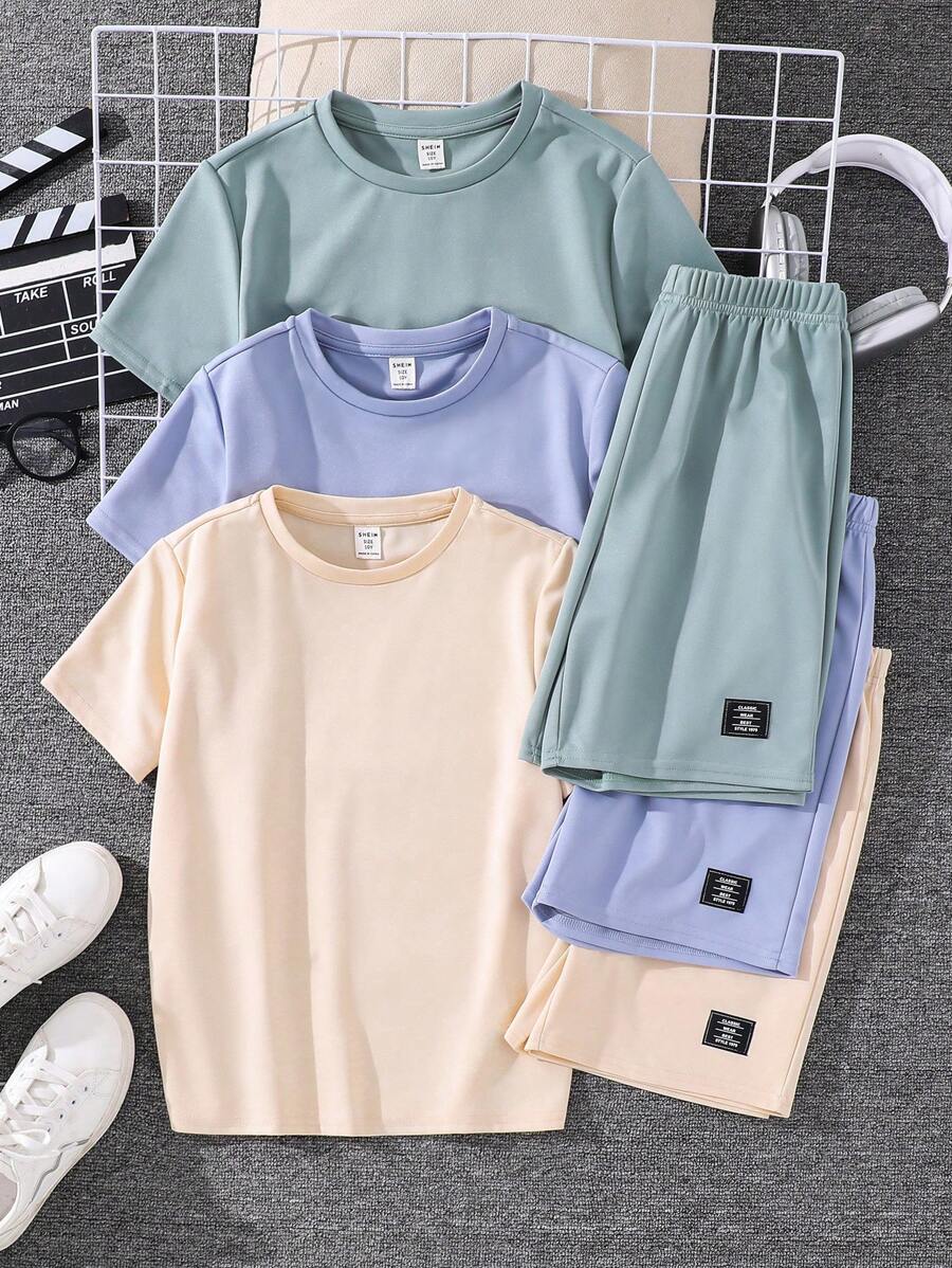 6 件套青少年男孩舒适休闲金属项链装饰圆领短袖 T 恤和短裤套装，非常适合外出、街头、派对、居家穿着