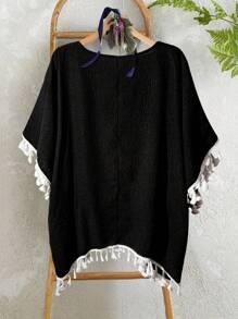 EMERY ROSE 大码女式宽松蝙蝠袖拼布领荷叶边袖口下摆流苏边斗篷衬衫，春夏