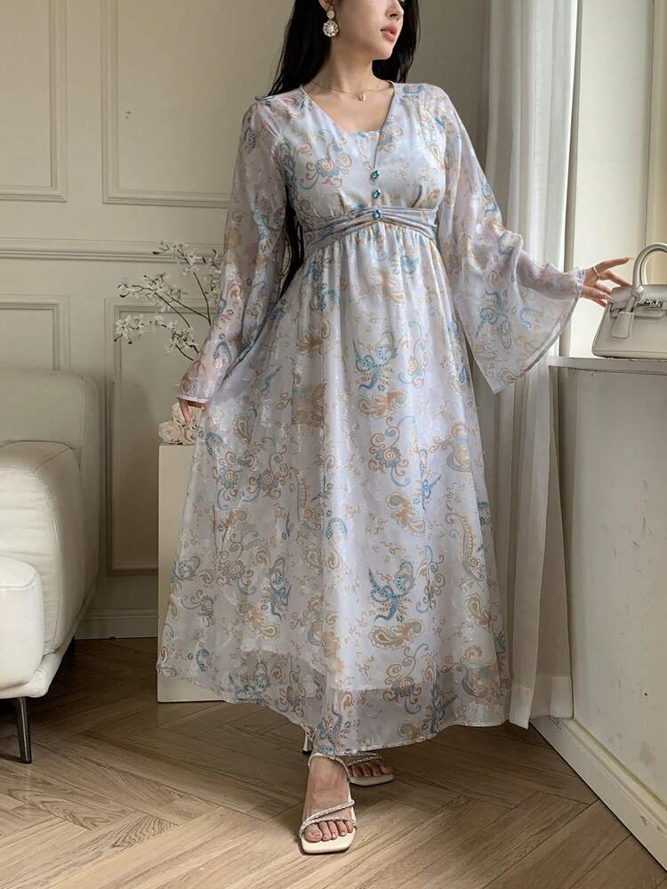 Fall New Arrival Elegant Long Midi Dress For Women Long Sleeve Dress Floral Dresses For Women