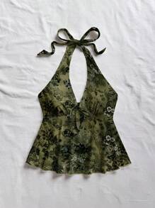 Soleia Áo Babydoll hở lưng cổ chữ V thắt nơ đơn giản cho nữ, thích hợp cho kỳ nghỉ hè - màu xanh lá - Xem 3
