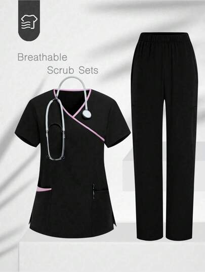 TaskEZ Contrast Trim Short Sleeve Scrub Uniform Set