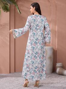 SHEIN Najma Women's Floral Print, Crochet Patchwork, Long Sleeve Dress, Modest Elegant A Line Kaftan & Jalabiya Dress, For Evening Party/Wedding Guest/Anniversary/Daily Wear - Multicolor - View 2