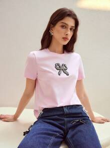 MOTF STUDIO RHINESTONE DETAIL BOW EMBROIDERY T-SHIRT,VALENTINE'S DAY