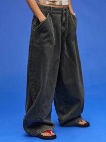 COUREZ Low Rise Ballonhosen-Jeans mit Nahtdetail / Sommeroutfits für Frauen / Y2K / Lässig / Hohe Straße Baumwolle Vintage