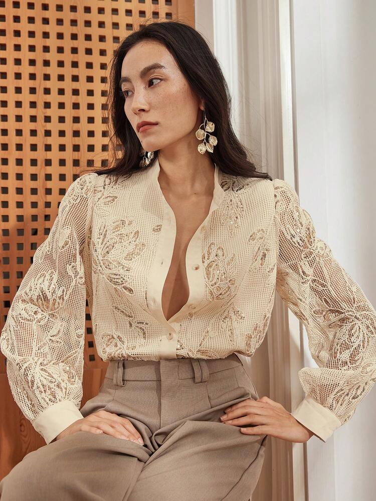Elegant Commuting Women See-Through Lace Mesh Patchwork Shiny Sequin Design Long Sleeve Business Casual Blouse,Fall Women Clothes