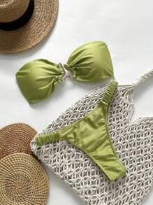 Swim Chiccia Springbreak 女士沙滩装夏季套装，女士性感纯色露肩金属装饰系带两件套比基尼套装 - 綠色 - 查看 1