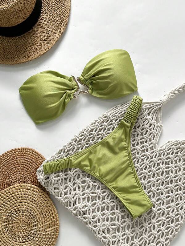 Swim Chiccia Ținute de vară pentru femei de primăvară, îmbrăcăminte de plajă, pentru femei, sexy, fără bretele, decor metalic, 2 piese, set de bikini