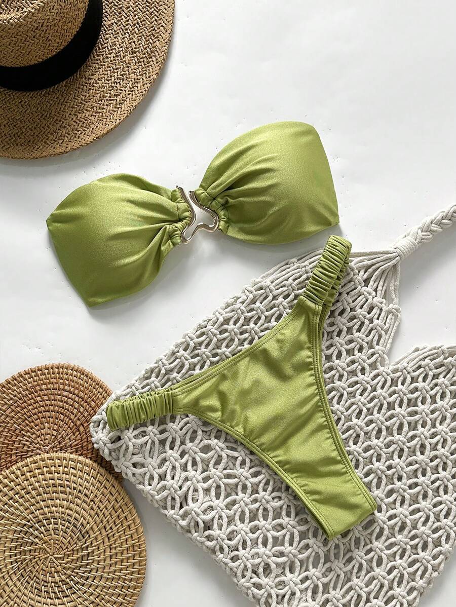 Swim Chiccia Springbreak 女士沙滩装夏季套装，女士性感纯色露肩金属装饰系带两件套比基尼套装 - 綠色 - 查看 1