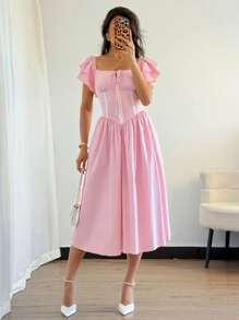Modelyn Women's Tie-Front Ruffle Sleeve Mid-Calf Elegant Dress For Tea Party - Pink - View 6