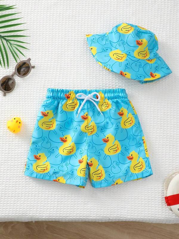 Baby Boys Duck Print Elastic Waist Drawstring Swimwear Shorts And Cap Set Baby Boy Beach Clothes Bathing Suits For Kids Beach Clothes For Boys Baby Beach Clothes Boy Baby Boy Clothes Beach