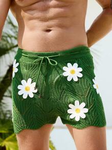 Manfinity VDAYZ Pantaloni scurți casual tricotați pentru bărbați, cu talie cu șnur și imprimeu floral