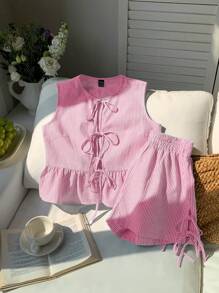 Comfortcana Summer Pink Striped Woven Ladies Set - Pink - View 4